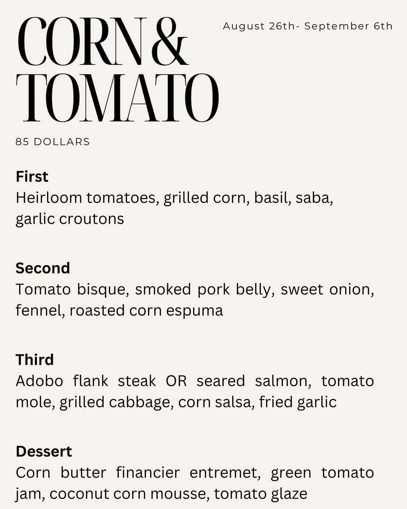 Corn & Tomato Menu at 80 Thoreau - Boston Restaurant News and Events